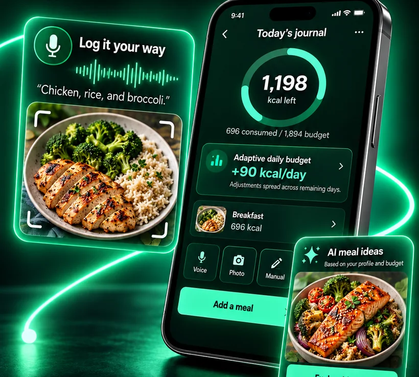 Calorie Budget showing 1,198 kcal left today, a +90 kcal per day budget adjustment, voice logging and AI meal ideas